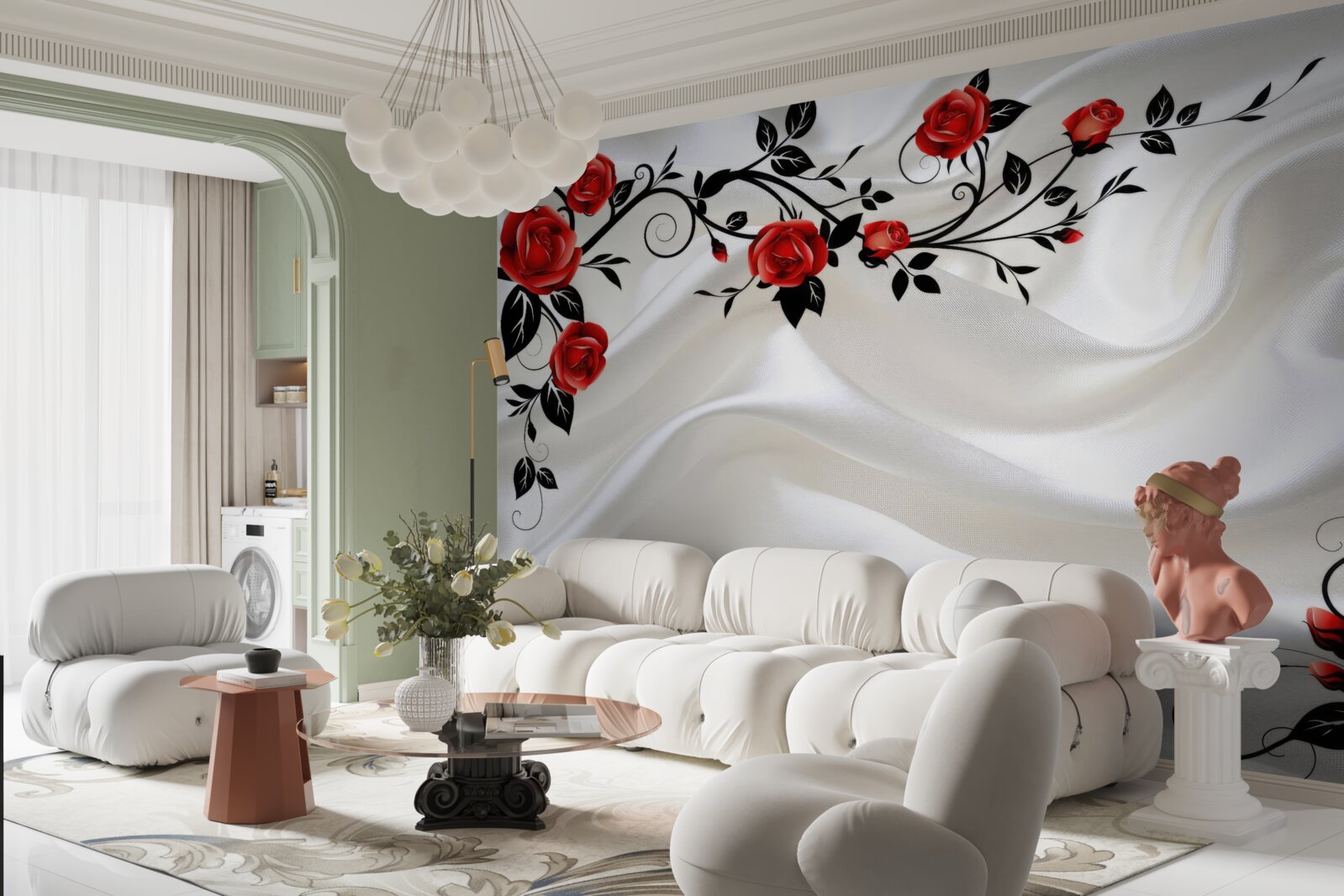 Fototapet satin alb și trandafiri cărămiziu