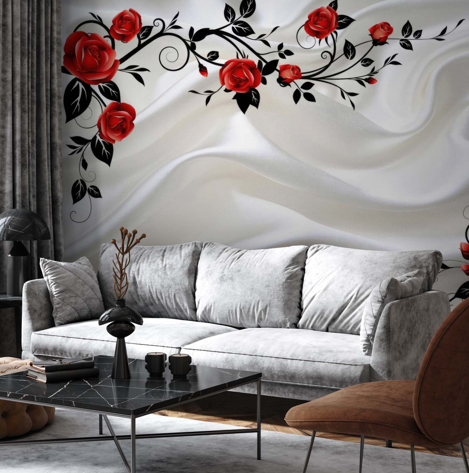 Fototapet satin alb și trandafiri cărămiziu