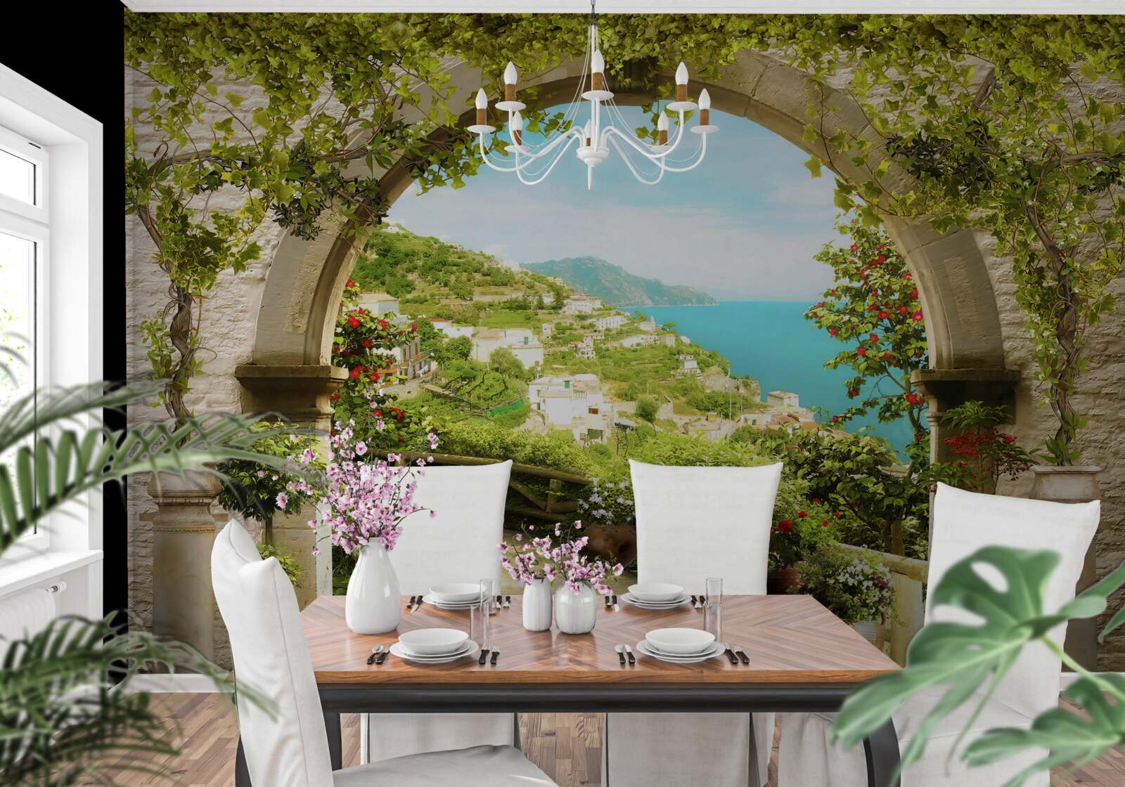 Fototapet stâlpi care duc la o grădină plină de flori