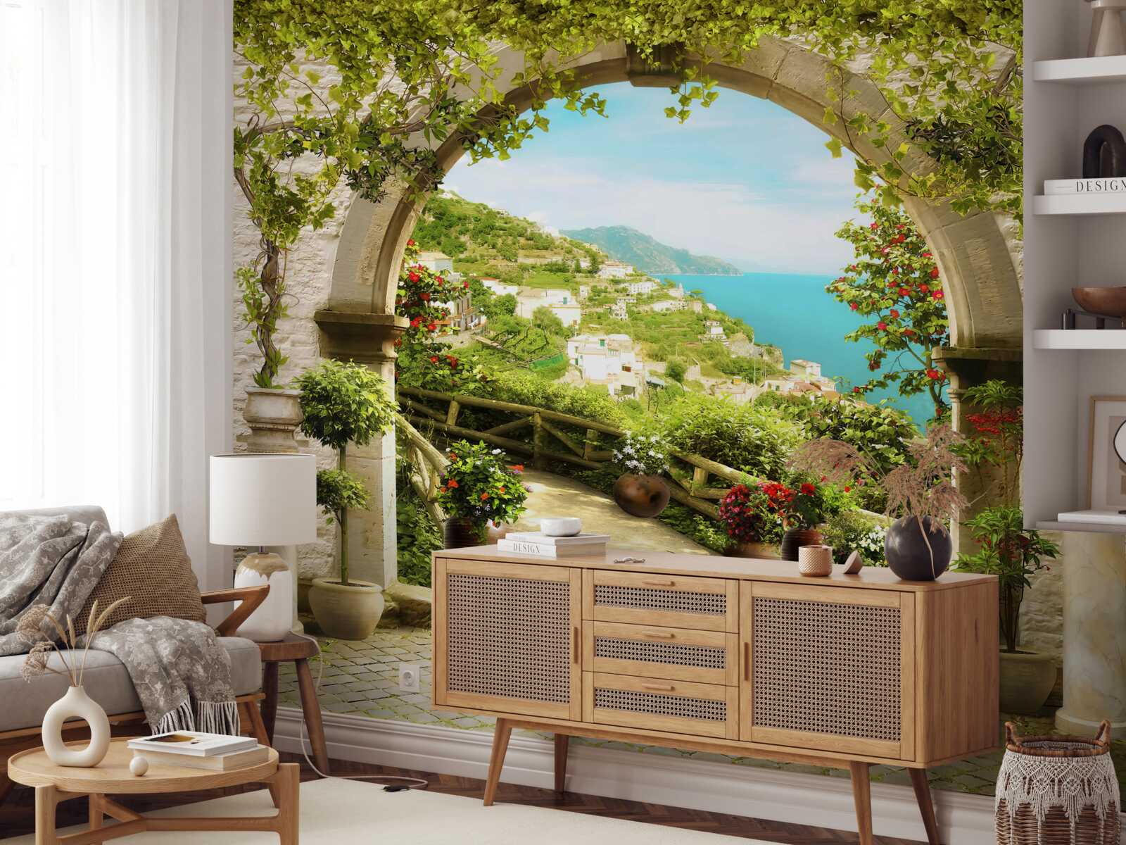 Fototapet stâlpi care duc la o grădină plină de flori