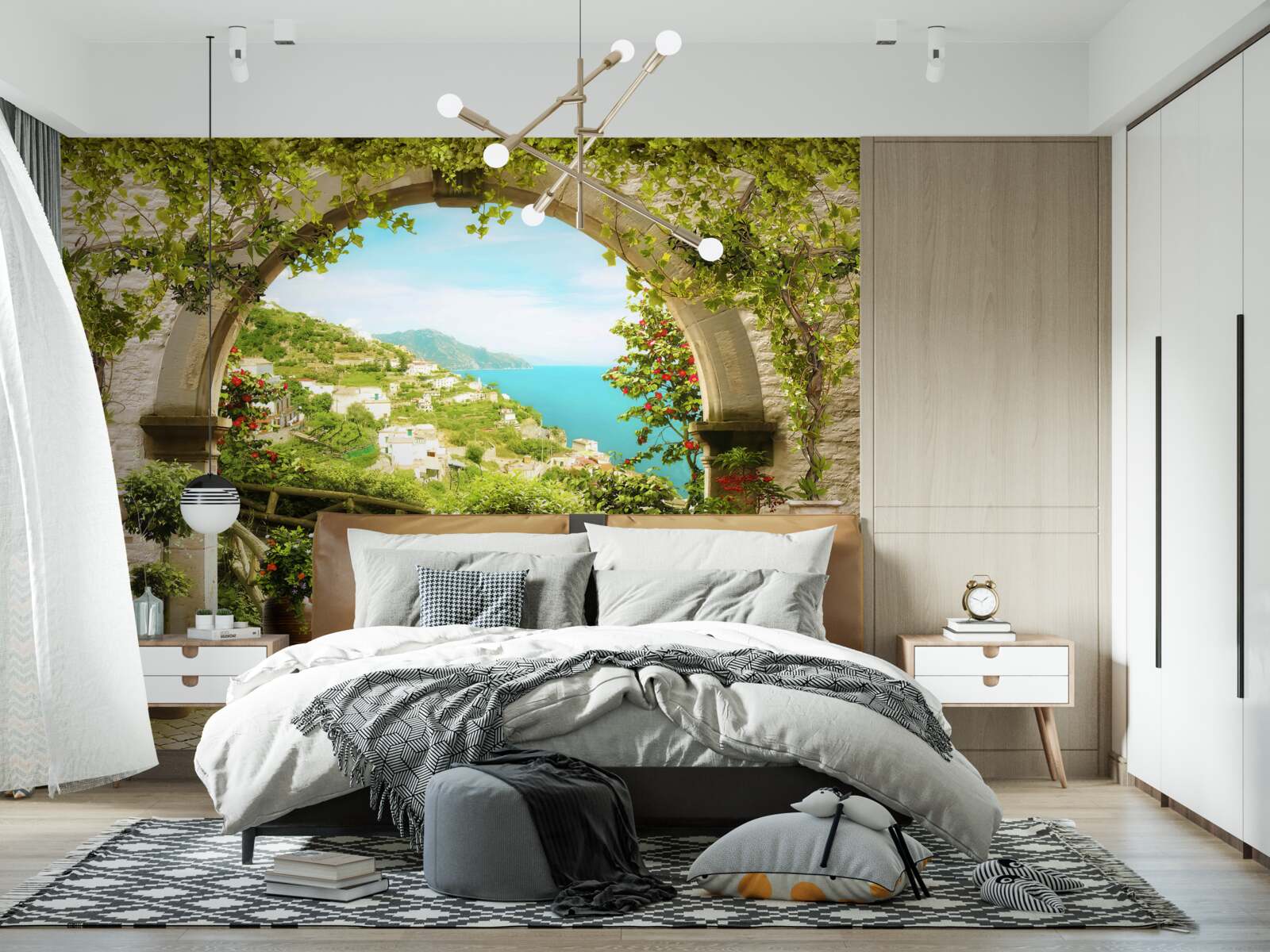 Fototapet stâlpi care duc la o grădină plină de flori