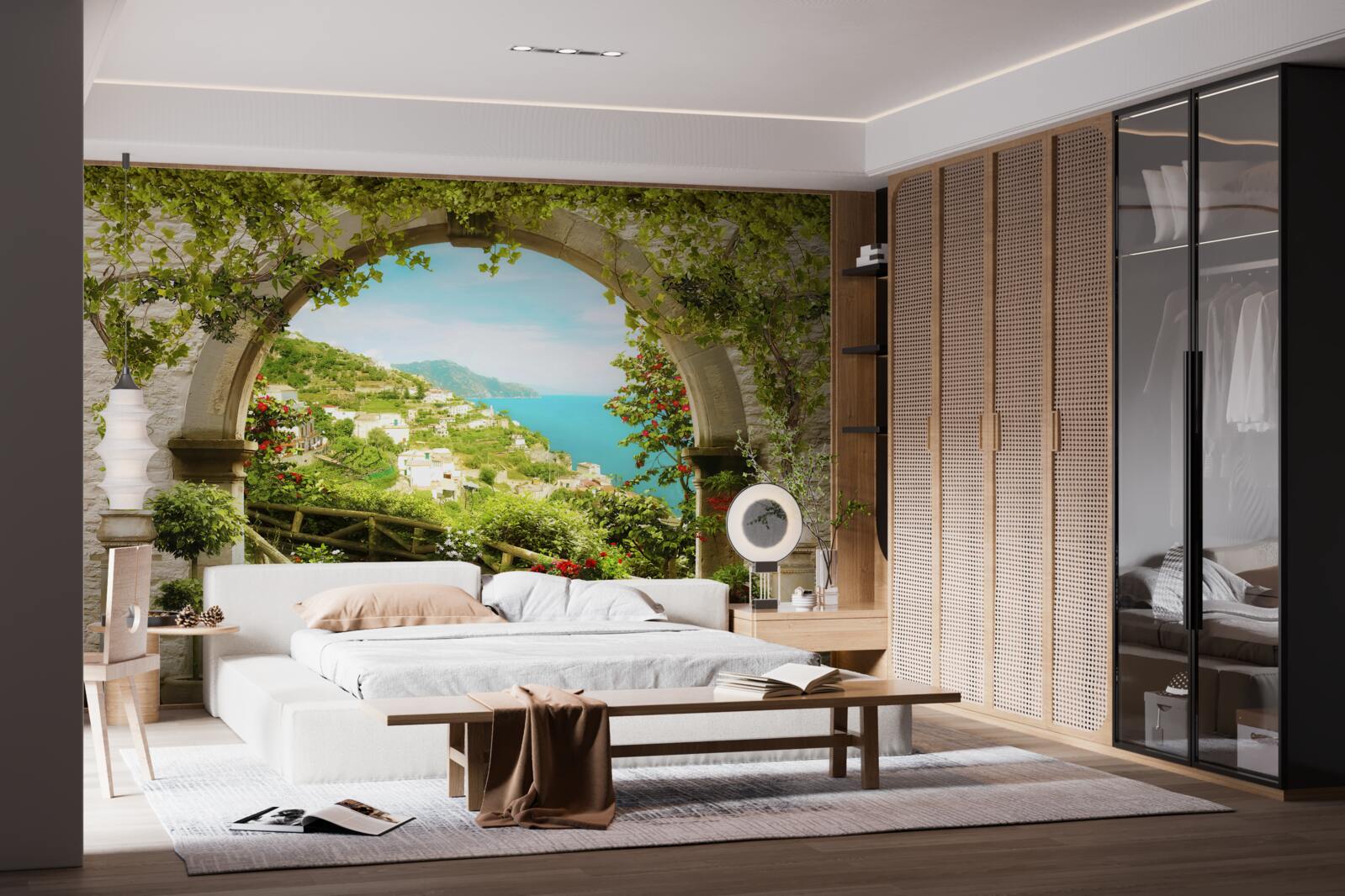 Fototapet stâlpi care duc la o grădină plină de flori