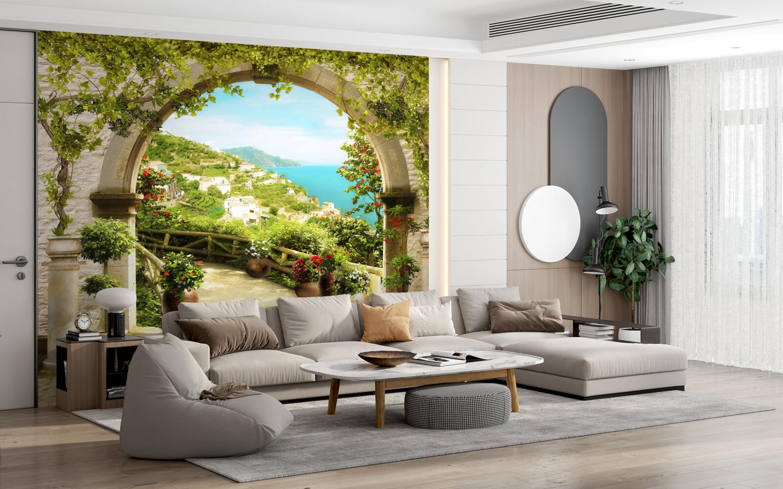 Fototapet stâlpi care duc la o grădină plină de flori