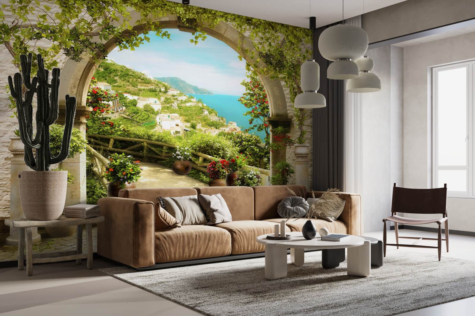 Fototapet stâlpi care duc la o grădină plină de flori