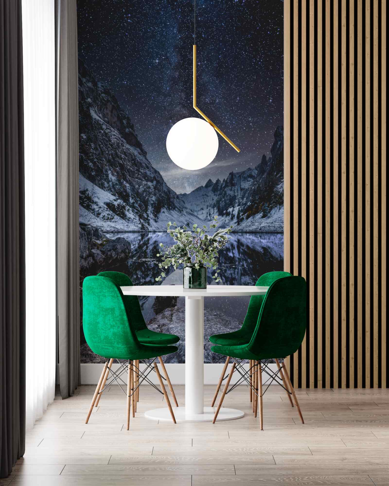 Fototapet cer înstelat peste munți și râu