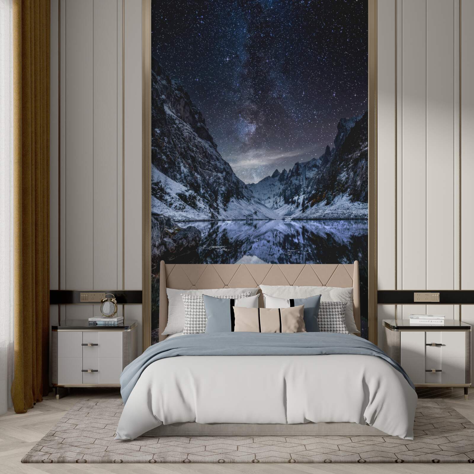 Fototapet cer înstelat peste munți și râu