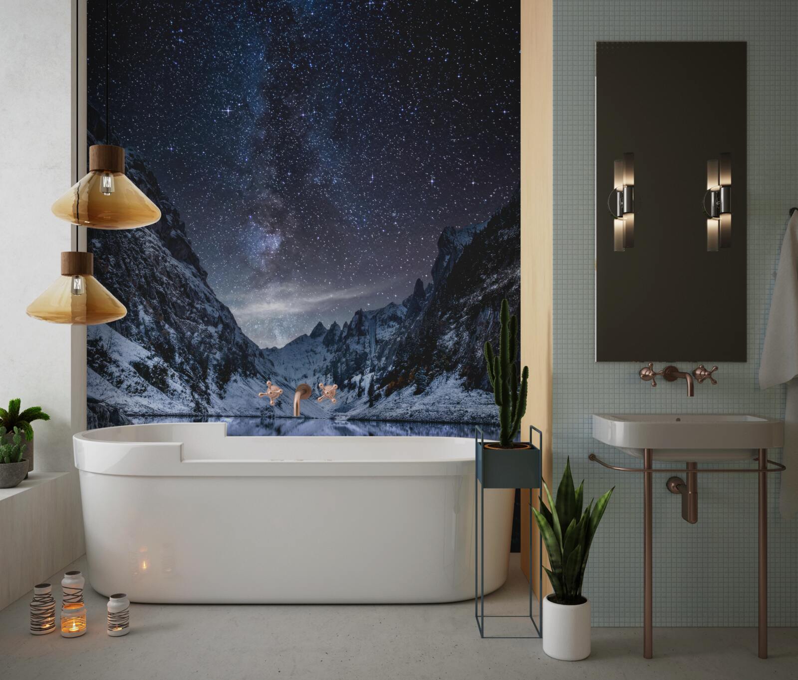 Fototapet cer înstelat peste munți și râu