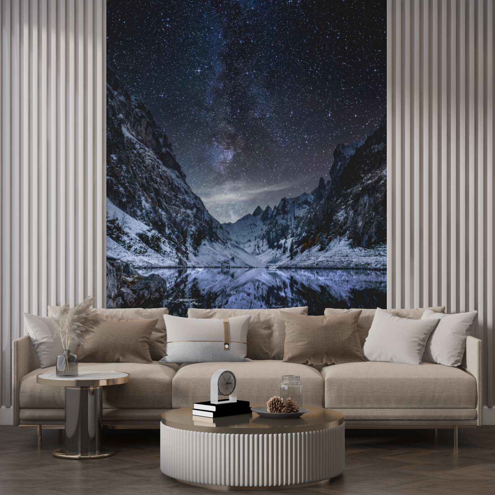 Fototapet cer înstelat peste munți și râu