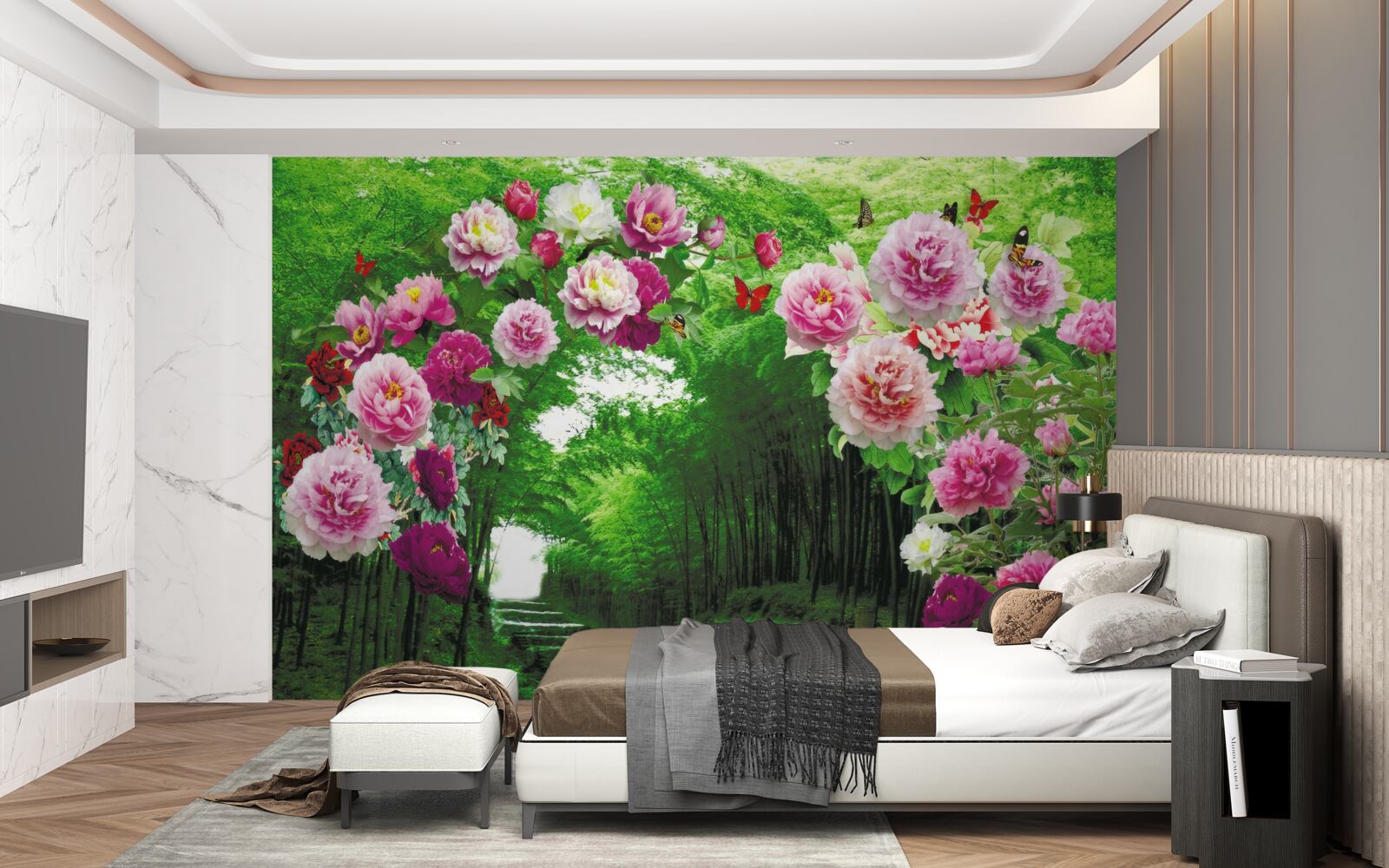 Fototapet flori roz la intrarea în pădure