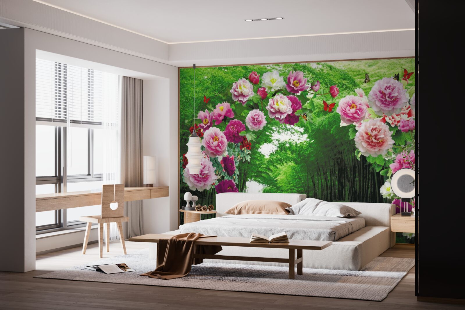 Fototapet flori roz la intrarea în pădure