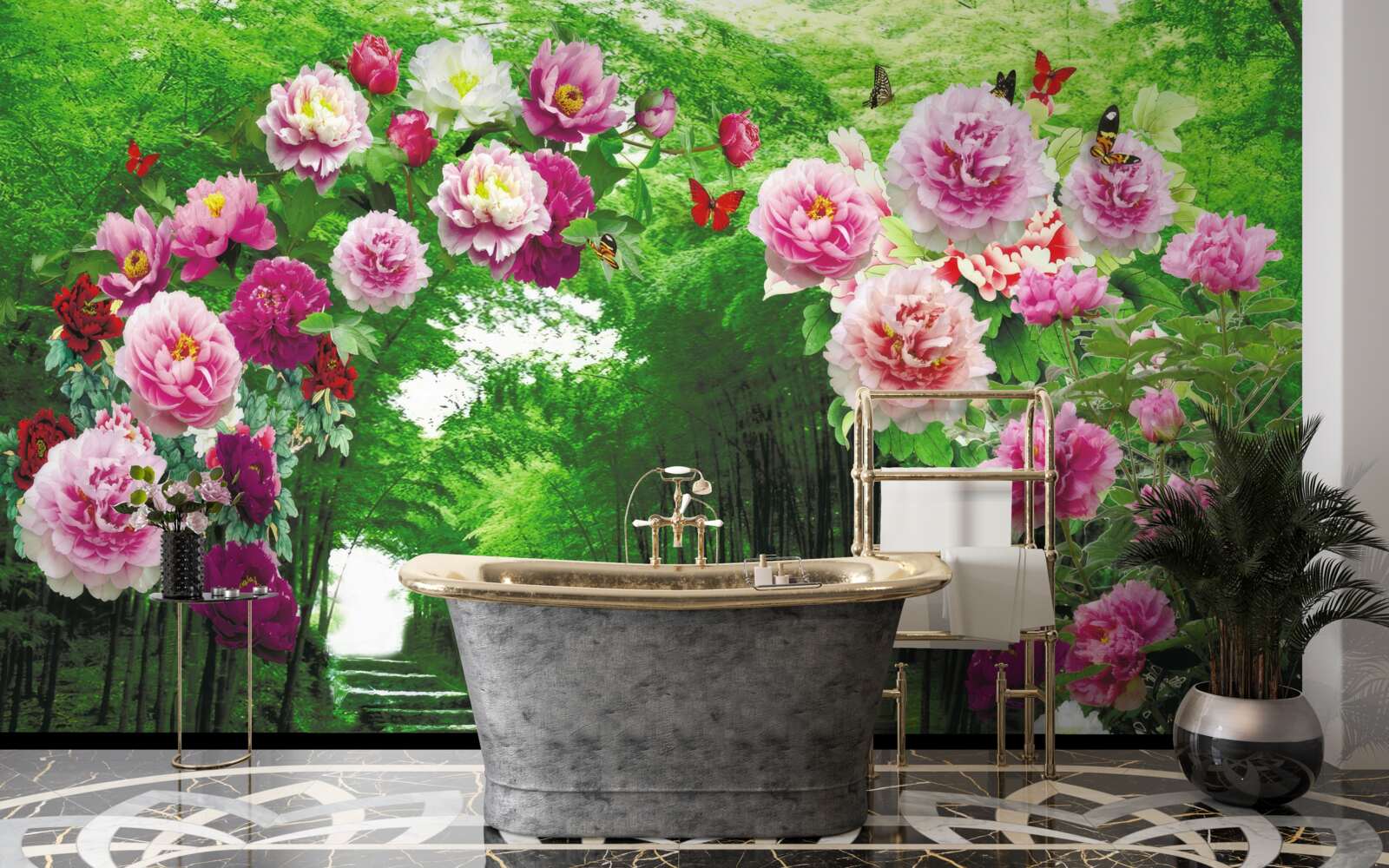 Fototapet flori roz la intrarea în pădure