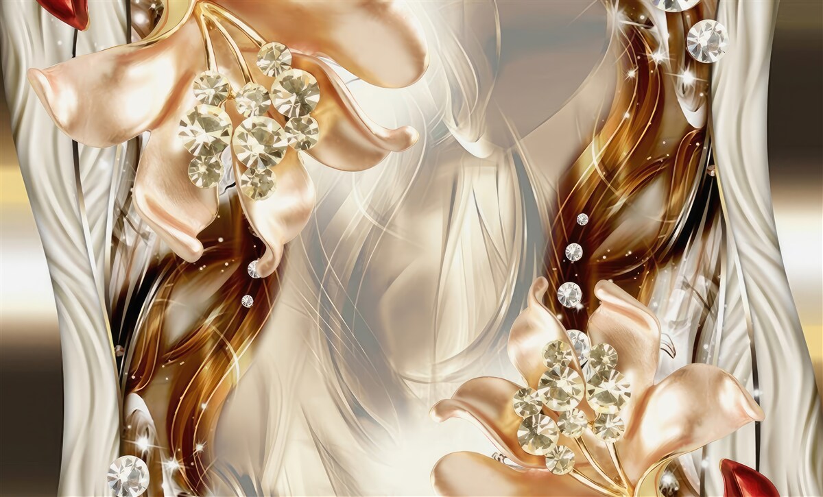 Fototapet flori aurii cu decorațiuni din piatră