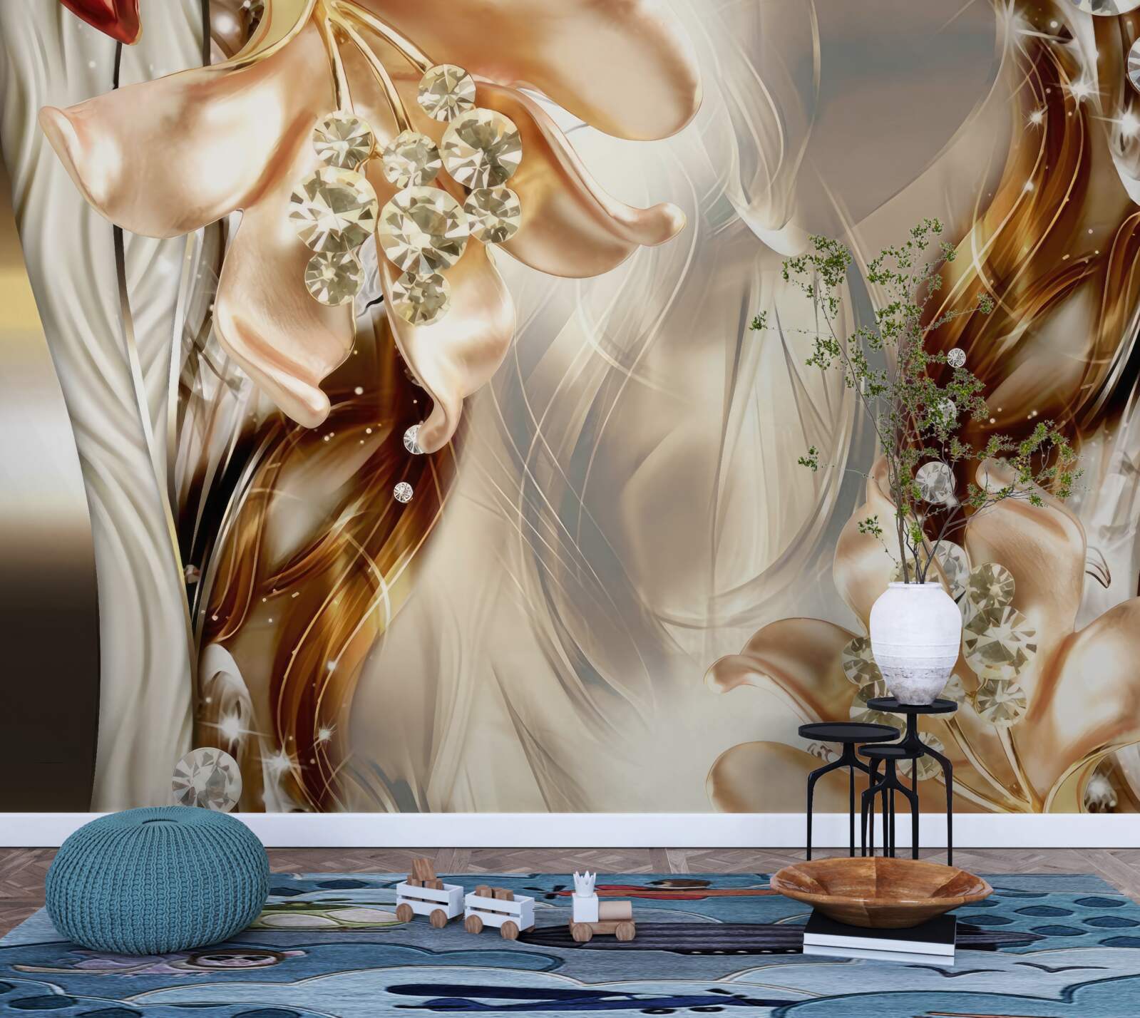 Fototapet flori aurii cu decorațiuni din piatră