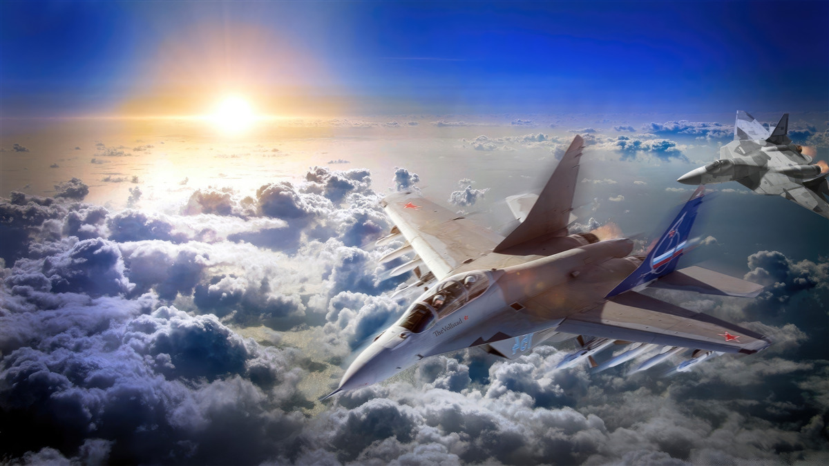 Fototapet avioane de luptă zboară printre nori