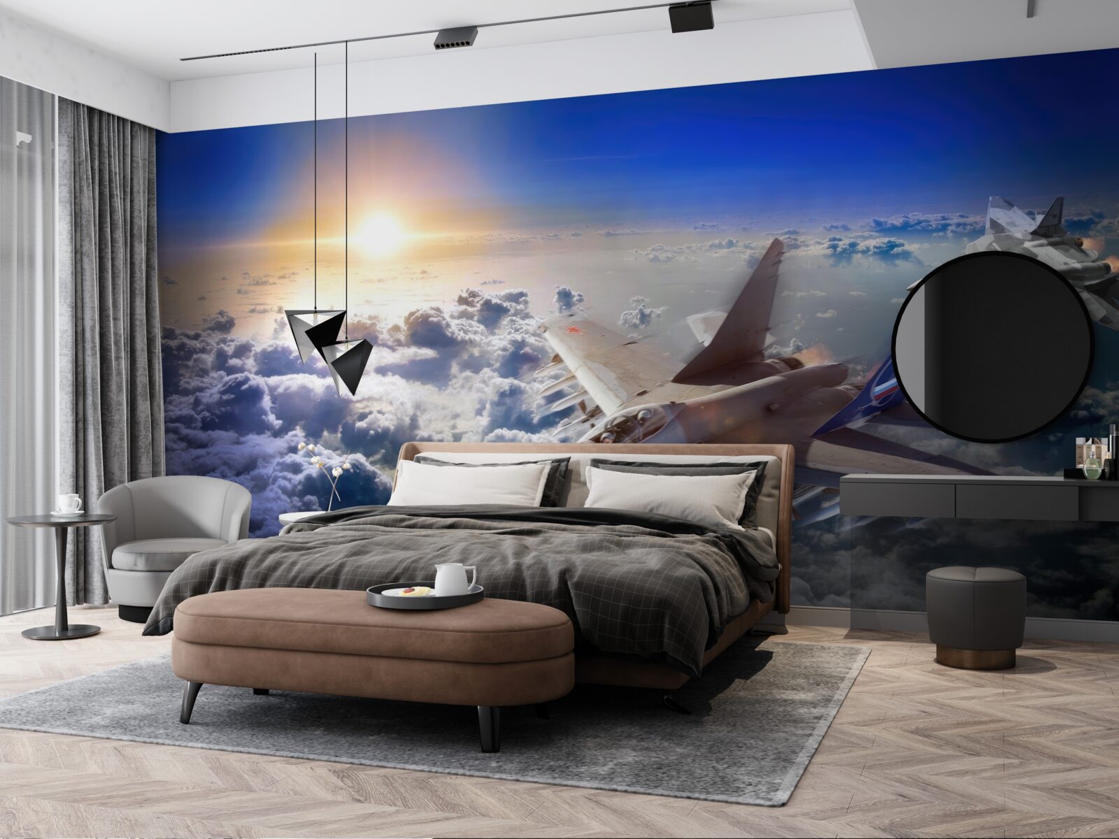 Fototapet avioane de luptă zboară printre nori