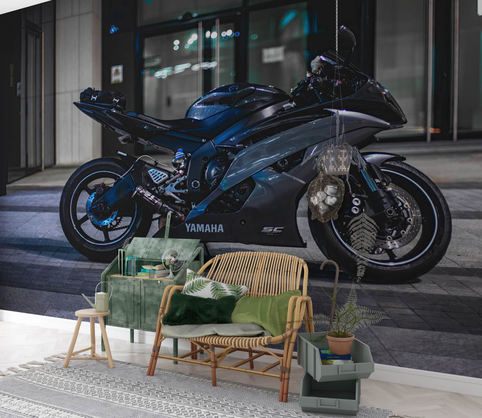 Fototapet motocicletă albastru închis lăsată în parcare