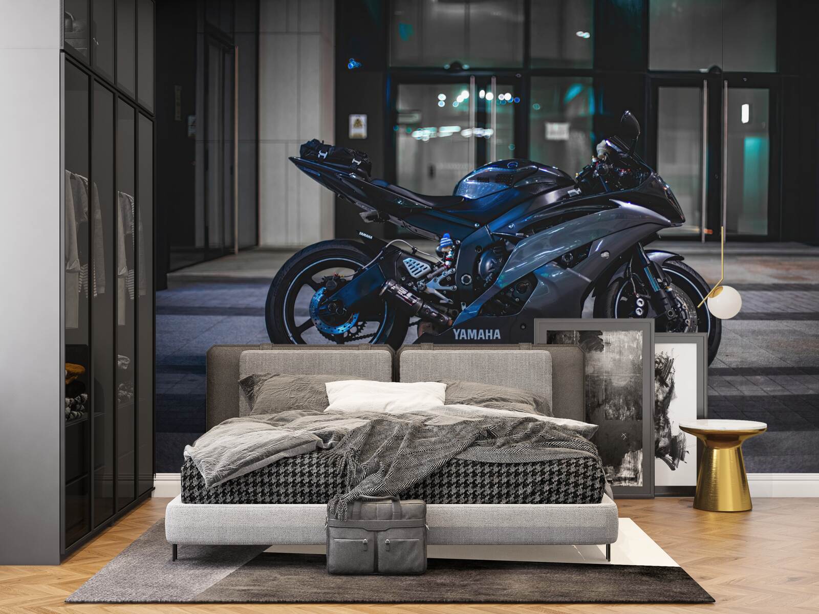 Fototapet motocicletă albastru închis lăsată în parcare