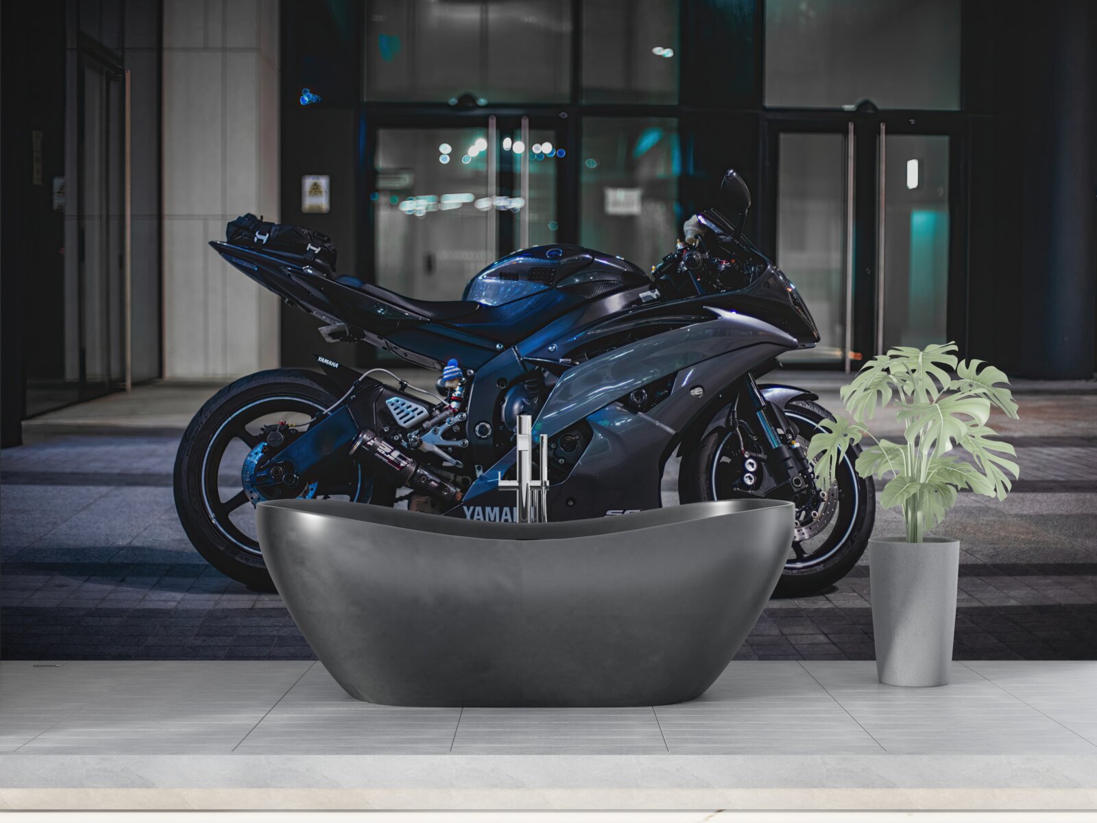 Fototapet motocicletă albastru închis lăsată în parcare