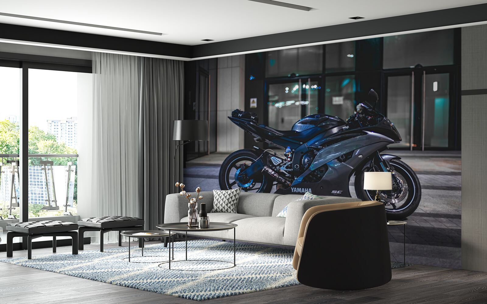 Fototapet motocicletă albastru închis lăsată în parcare