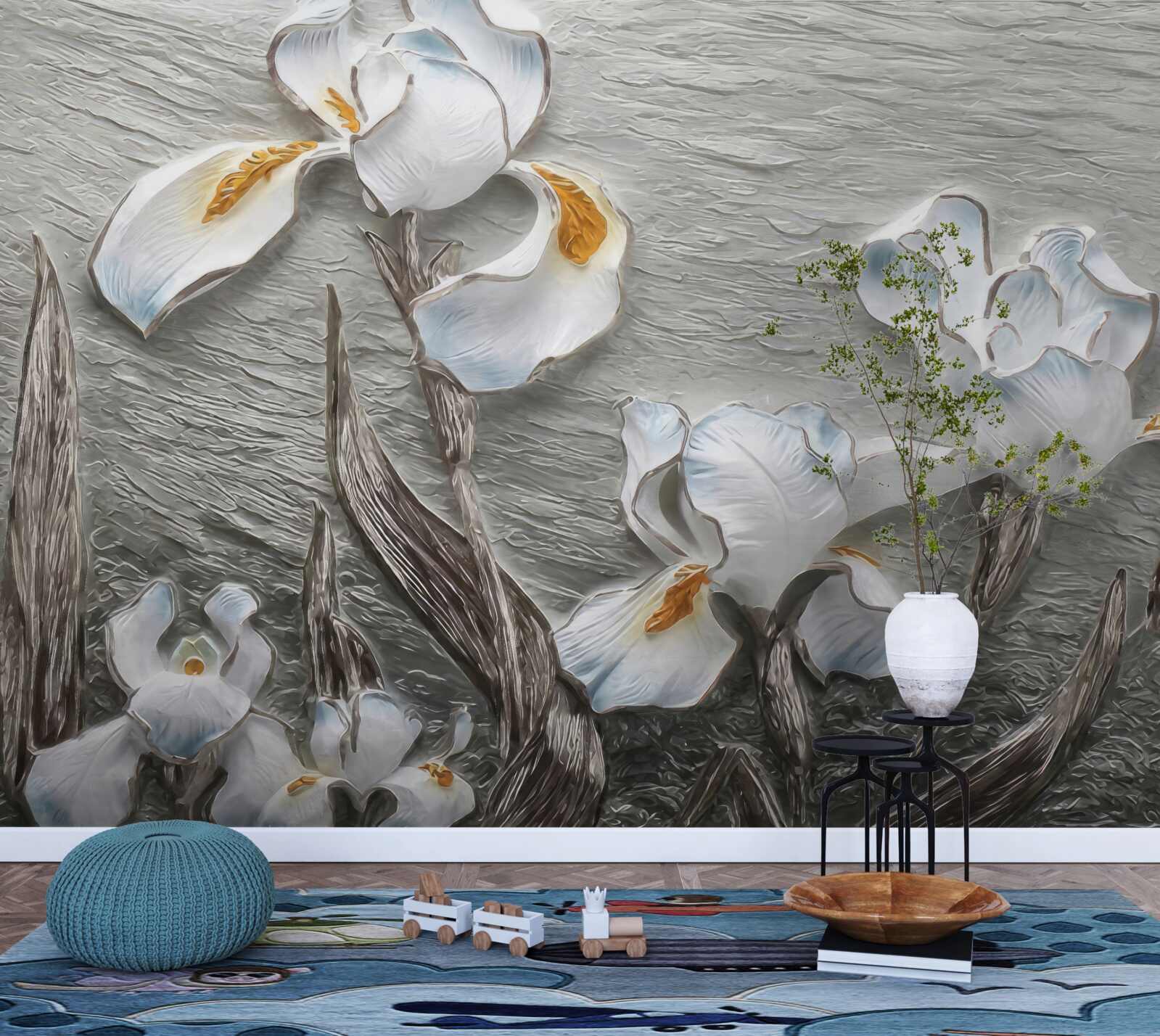 Fototapet flori albe voluminoase prezentate în fotografie