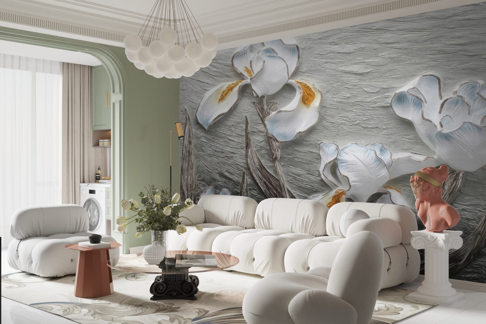 Fototapet flori albe voluminoase prezentate în fotografie