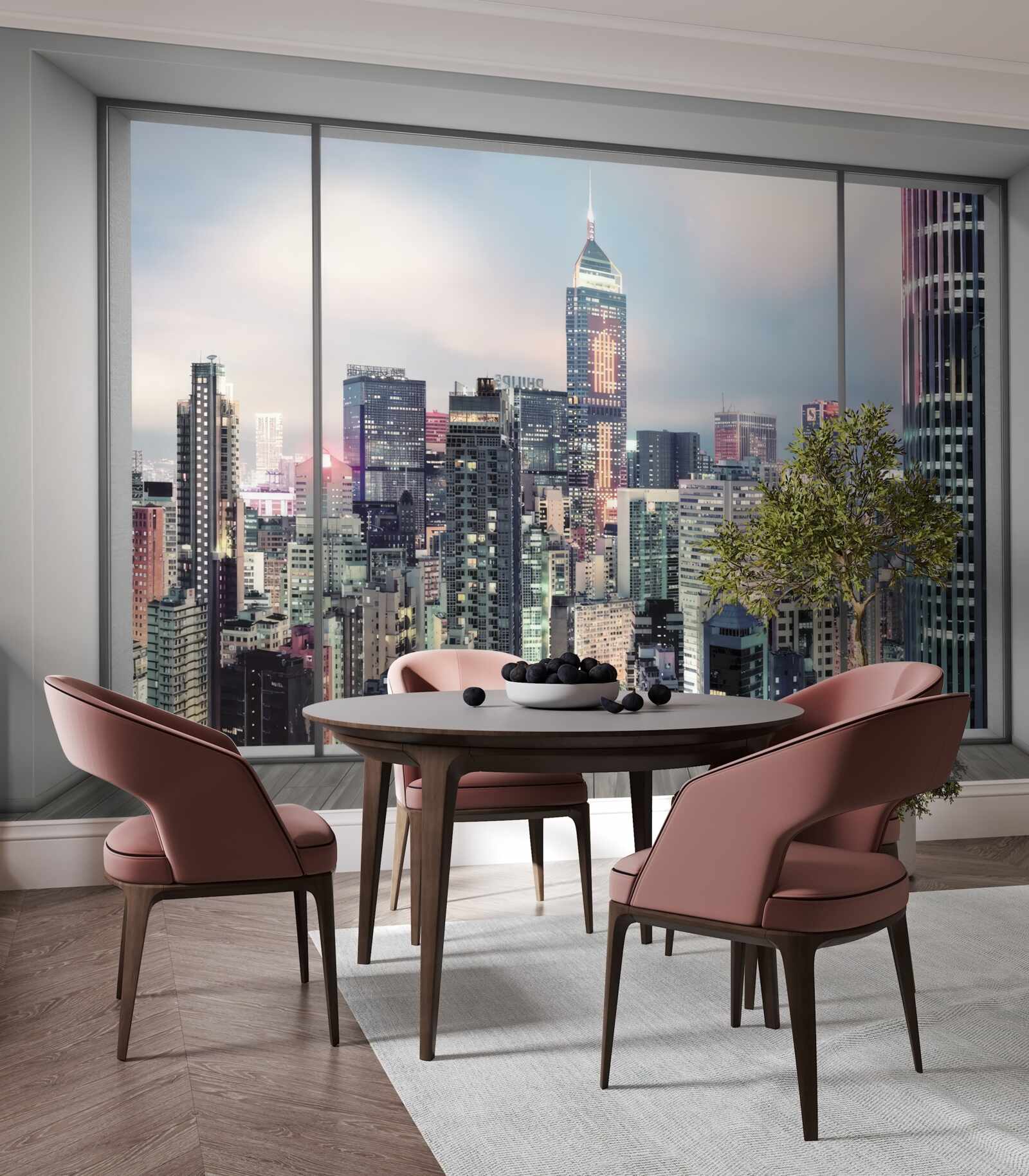 Fototapet peisaj urban de seară care se deschide de la fereastră