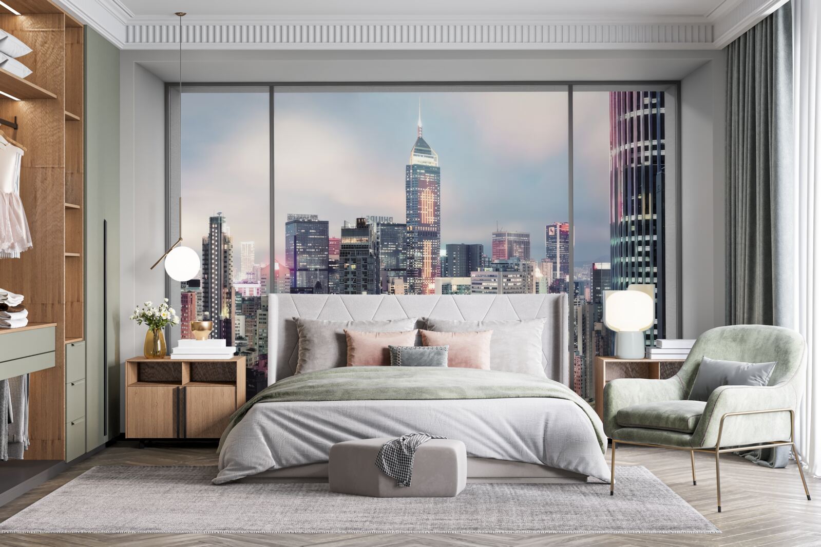 Fototapet peisaj urban de seară care se deschide de la fereastră