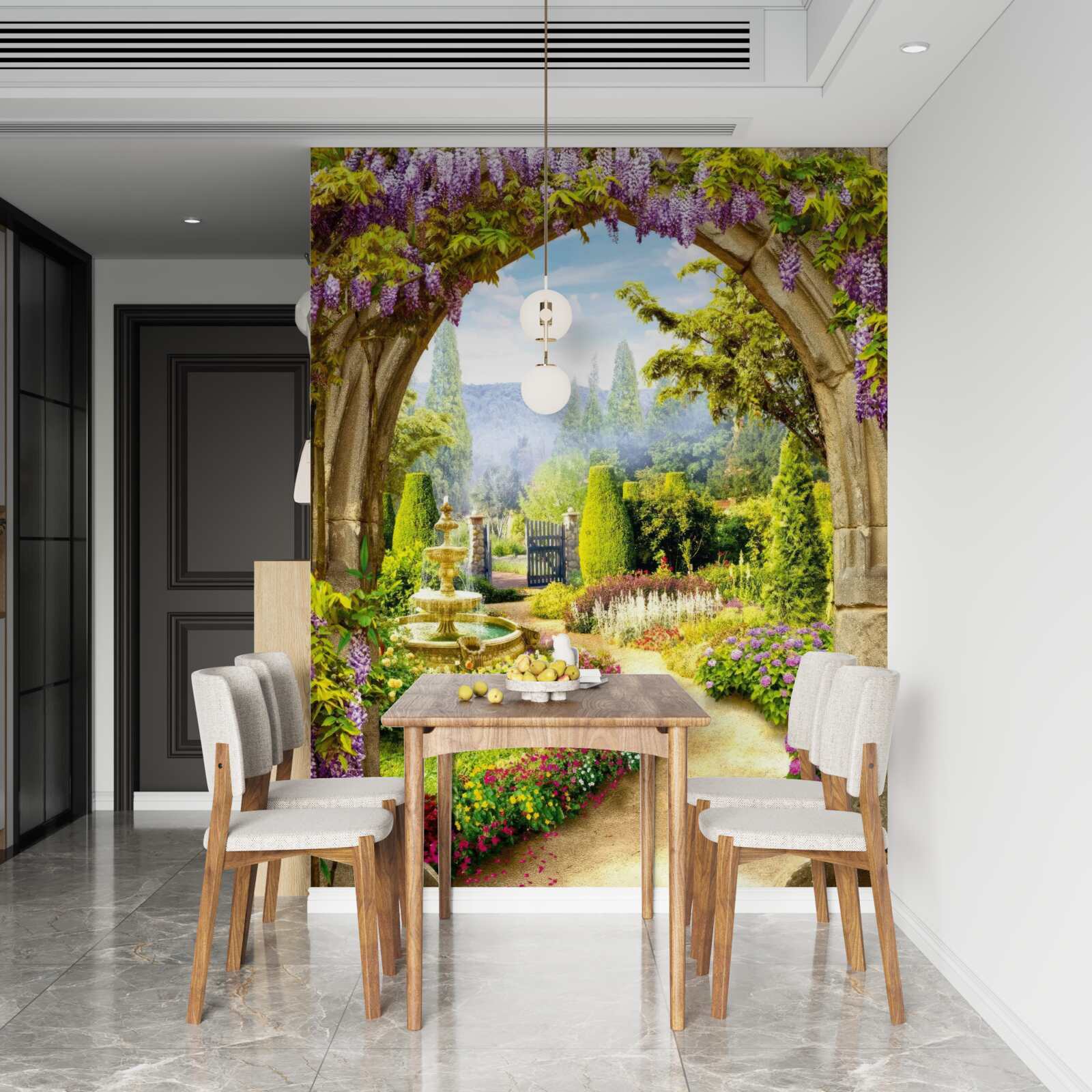 Fototapet o grădină înflorită magnifică cu o fântână