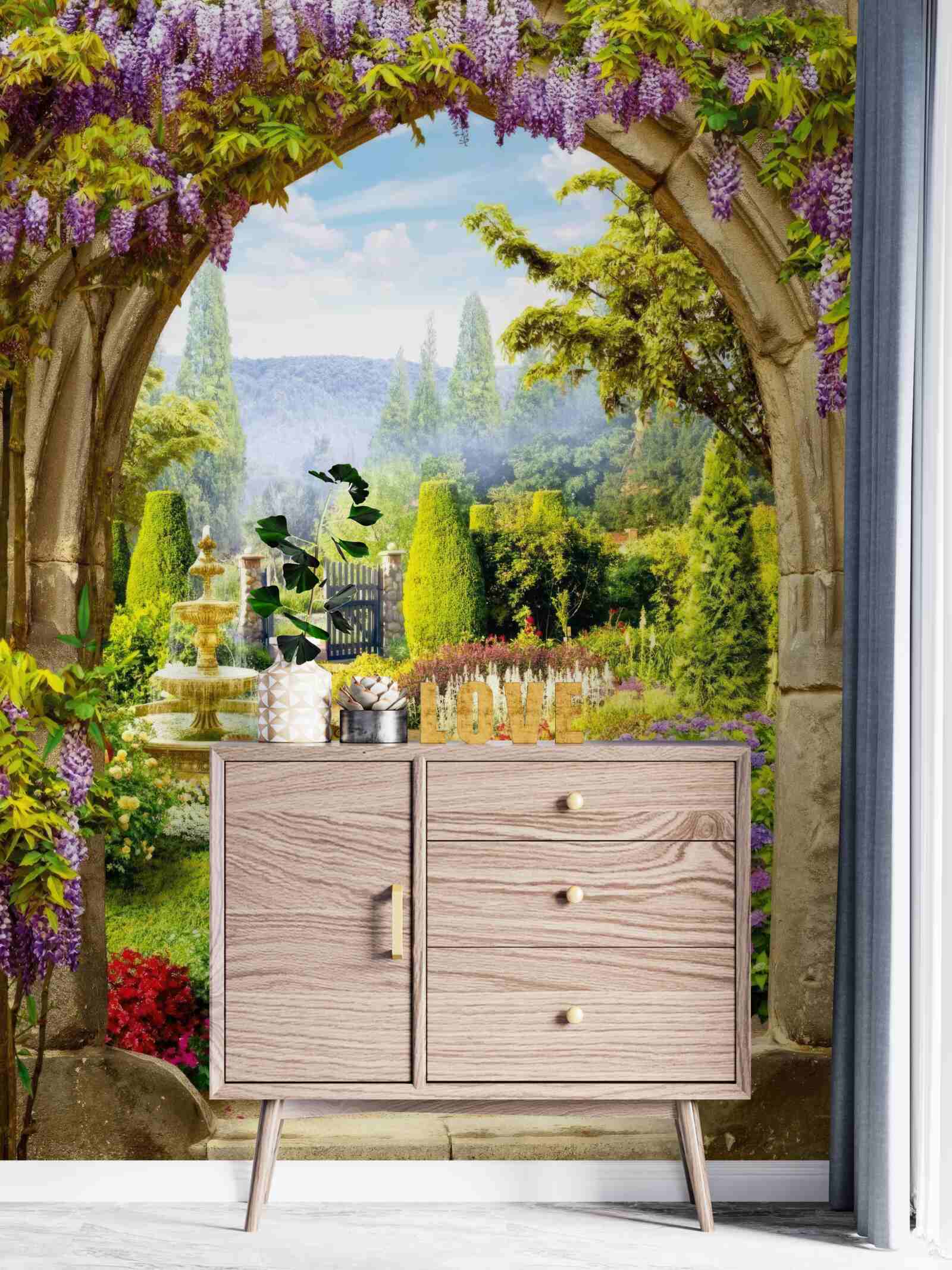 Fototapet o grădină înflorită magnifică cu o fântână