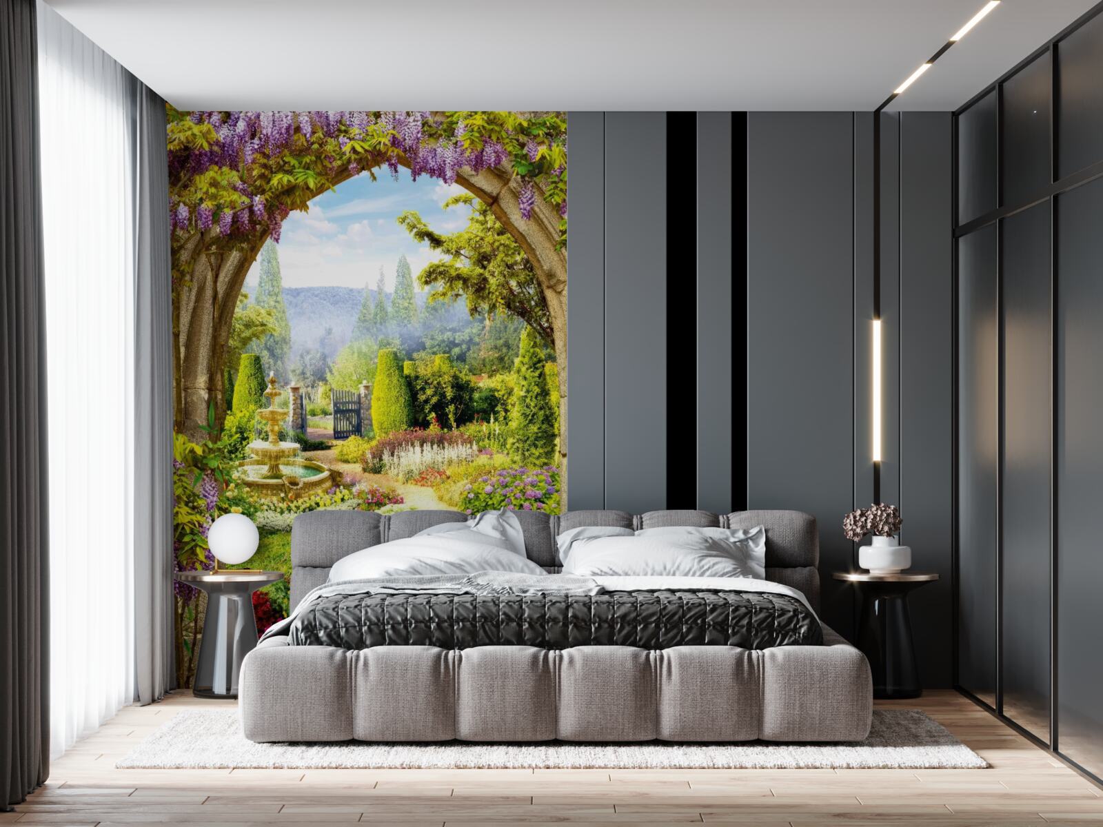 Fototapet o grădină înflorită magnifică cu o fântână