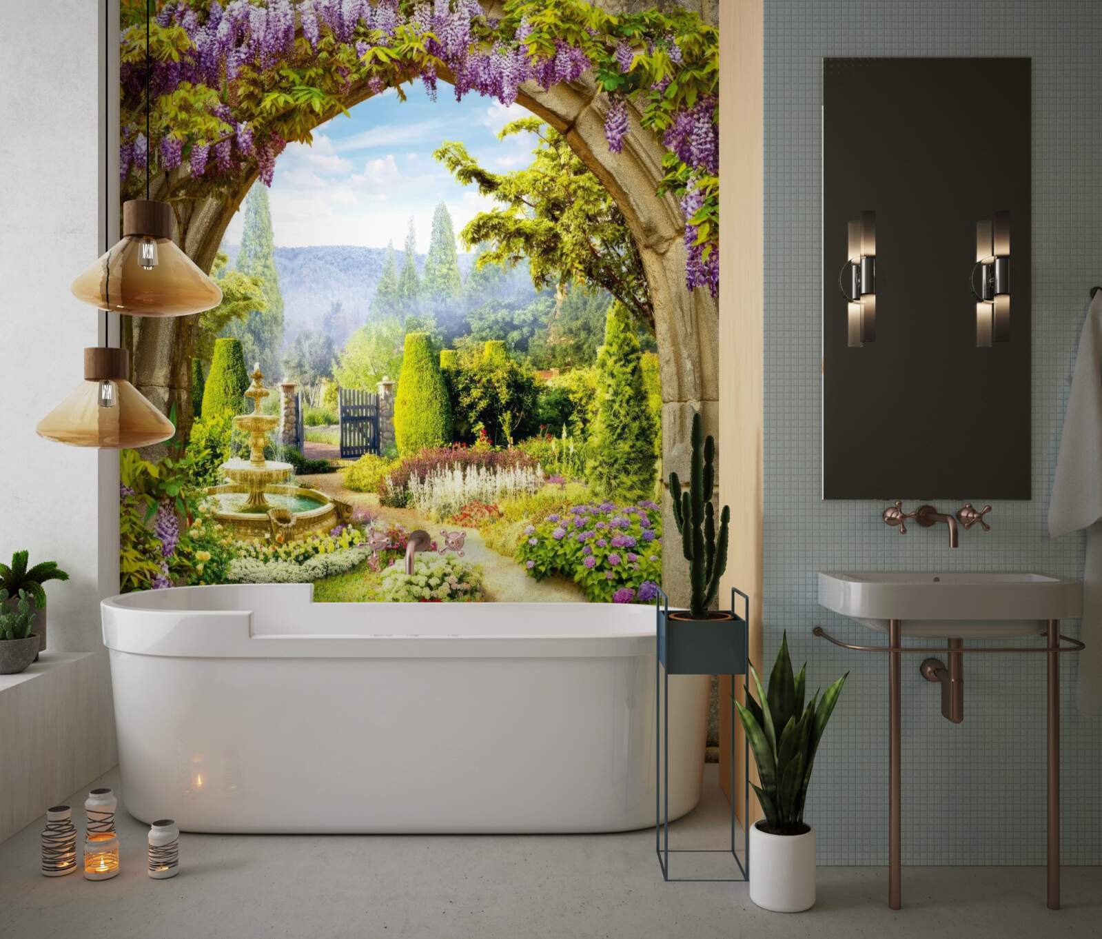 Fototapet o grădină înflorită magnifică cu o fântână