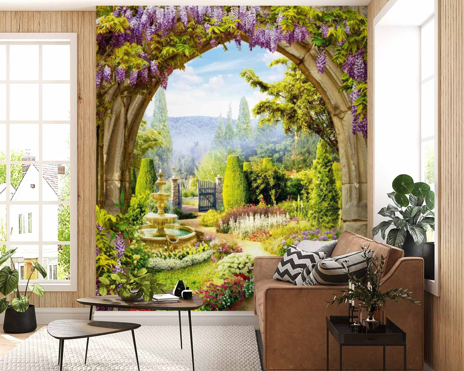 Fototapet o grădină înflorită magnifică cu o fântână