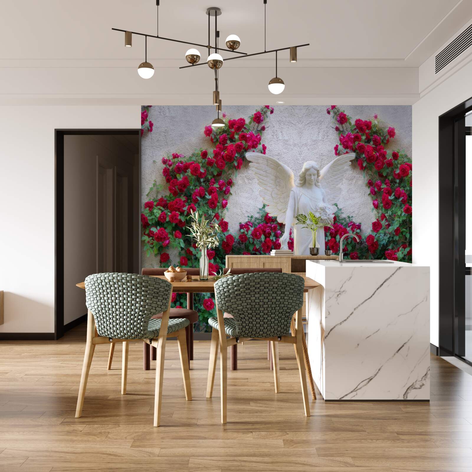 Fototapet statuie a unui înger înconjurat de flori cărămizii