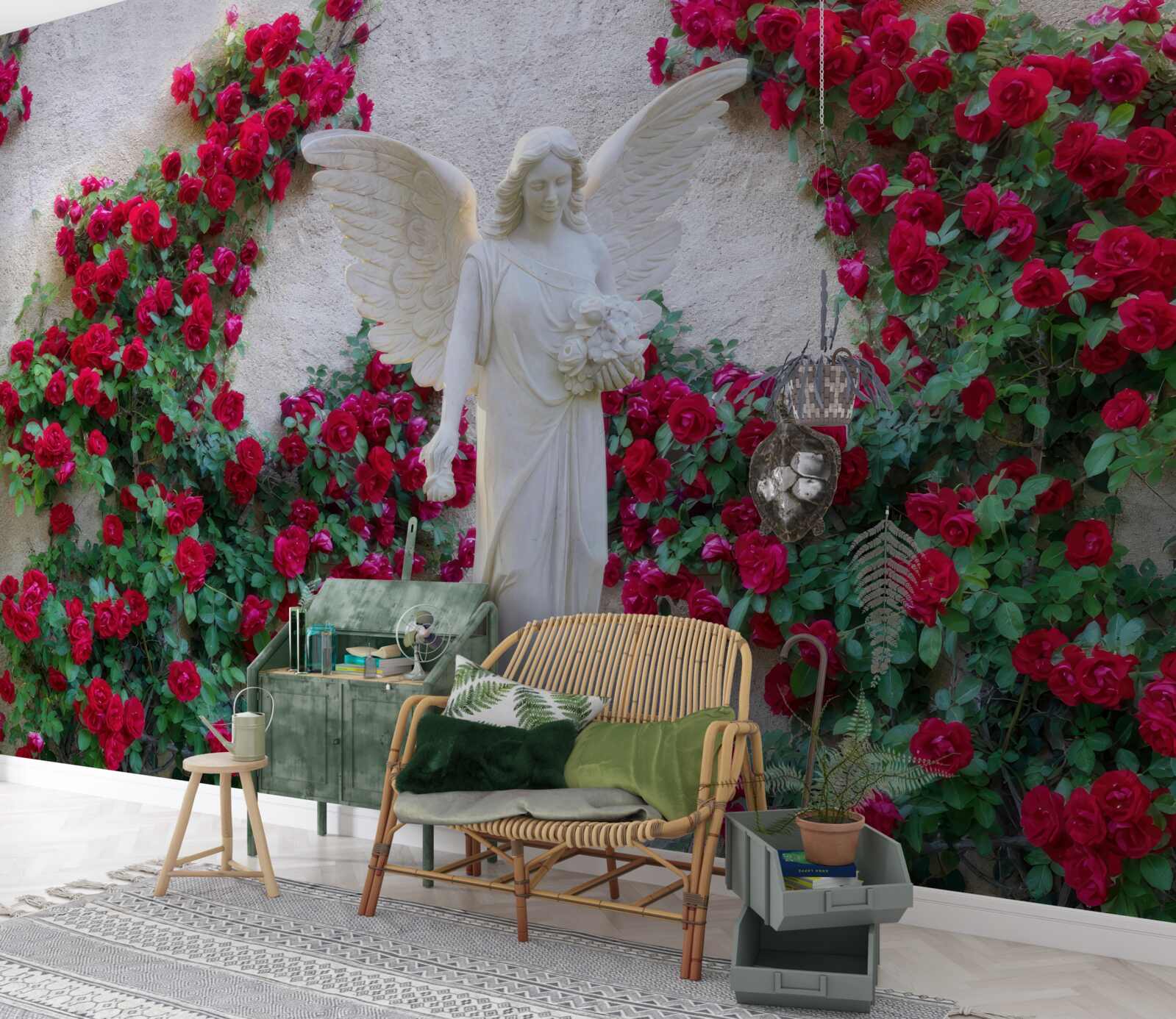 Fototapet statuie a unui înger înconjurat de flori cărămizii