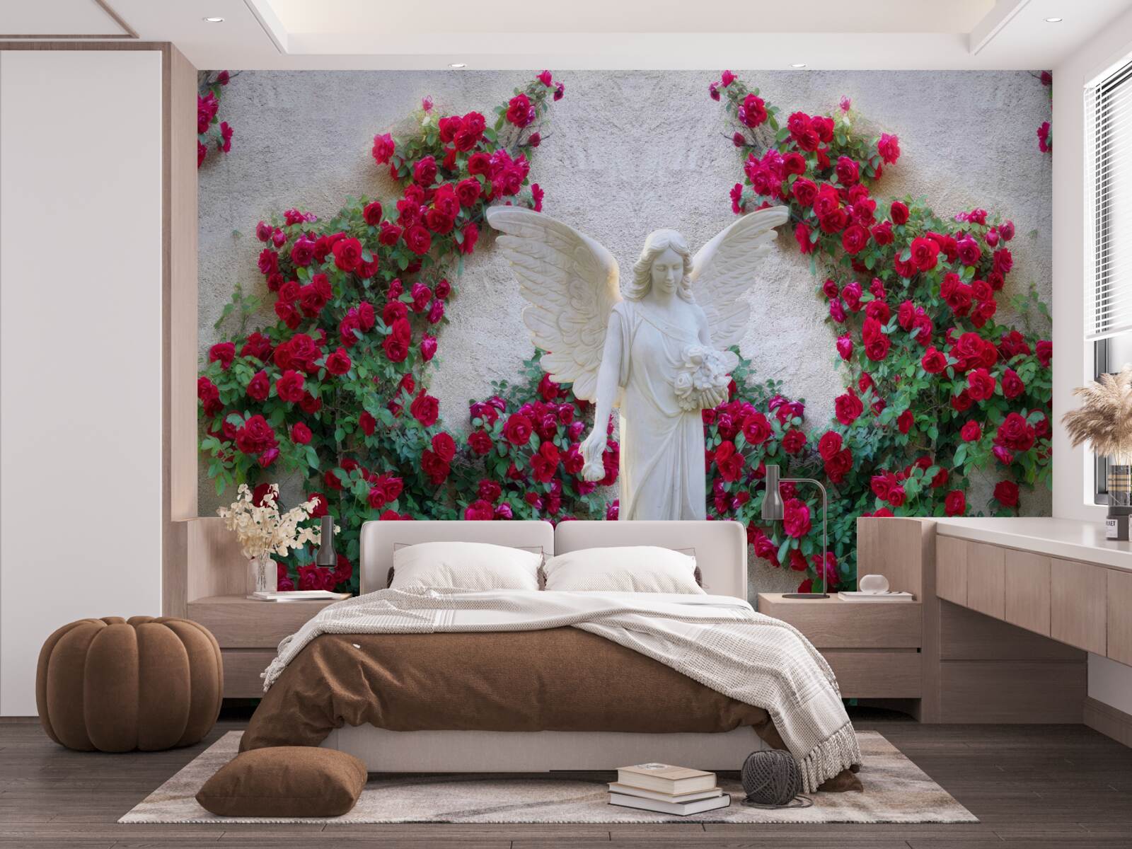 Fototapet statuie a unui înger înconjurat de flori cărămizii