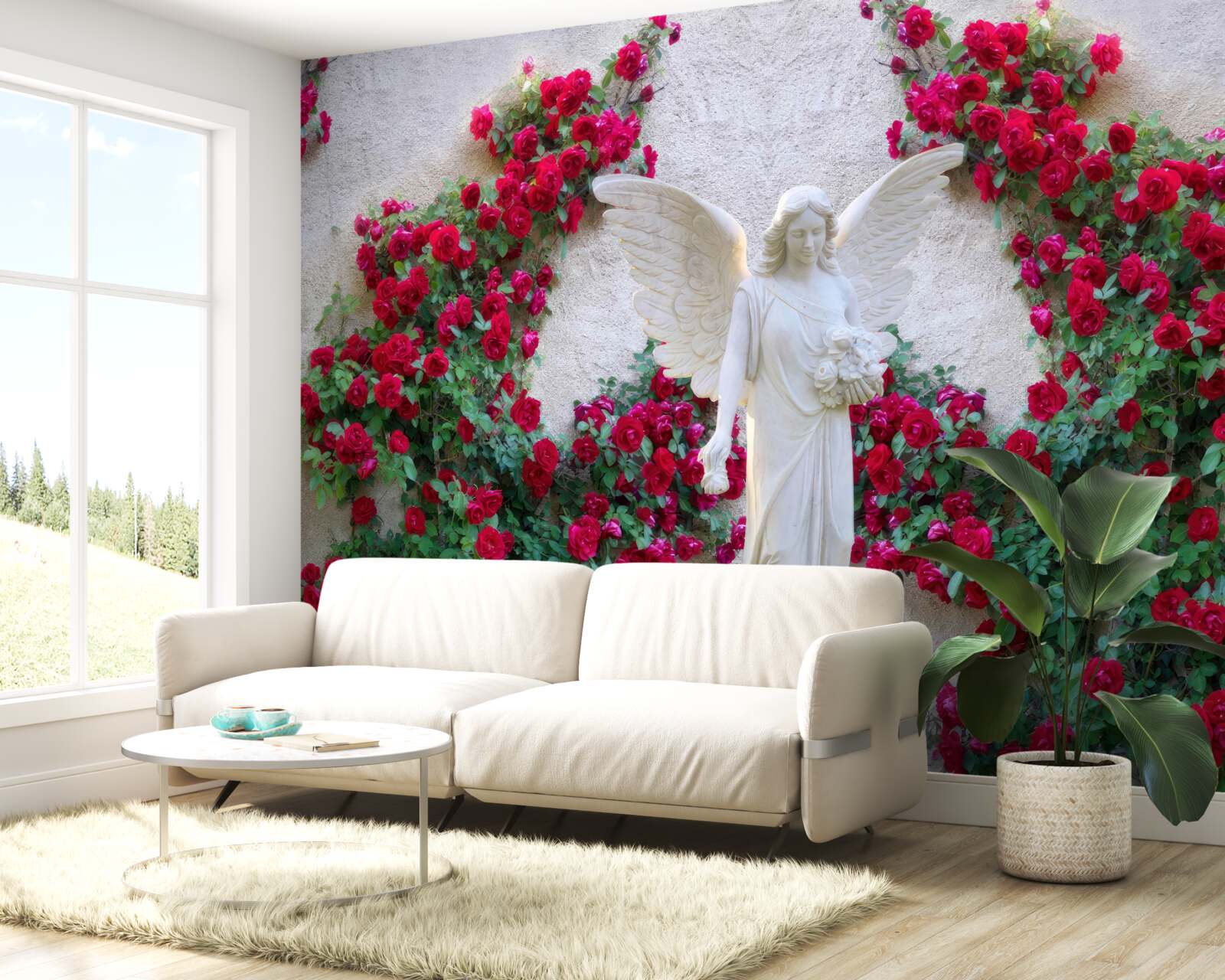 Fototapet statuie a unui înger înconjurat de flori cărămizii
