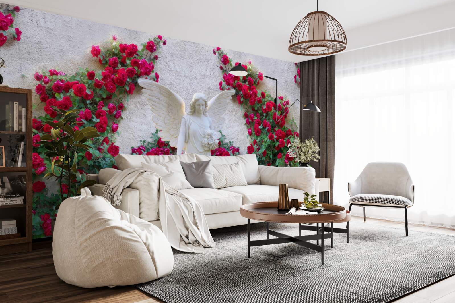 Fototapet statuie a unui înger înconjurat de flori cărămizii