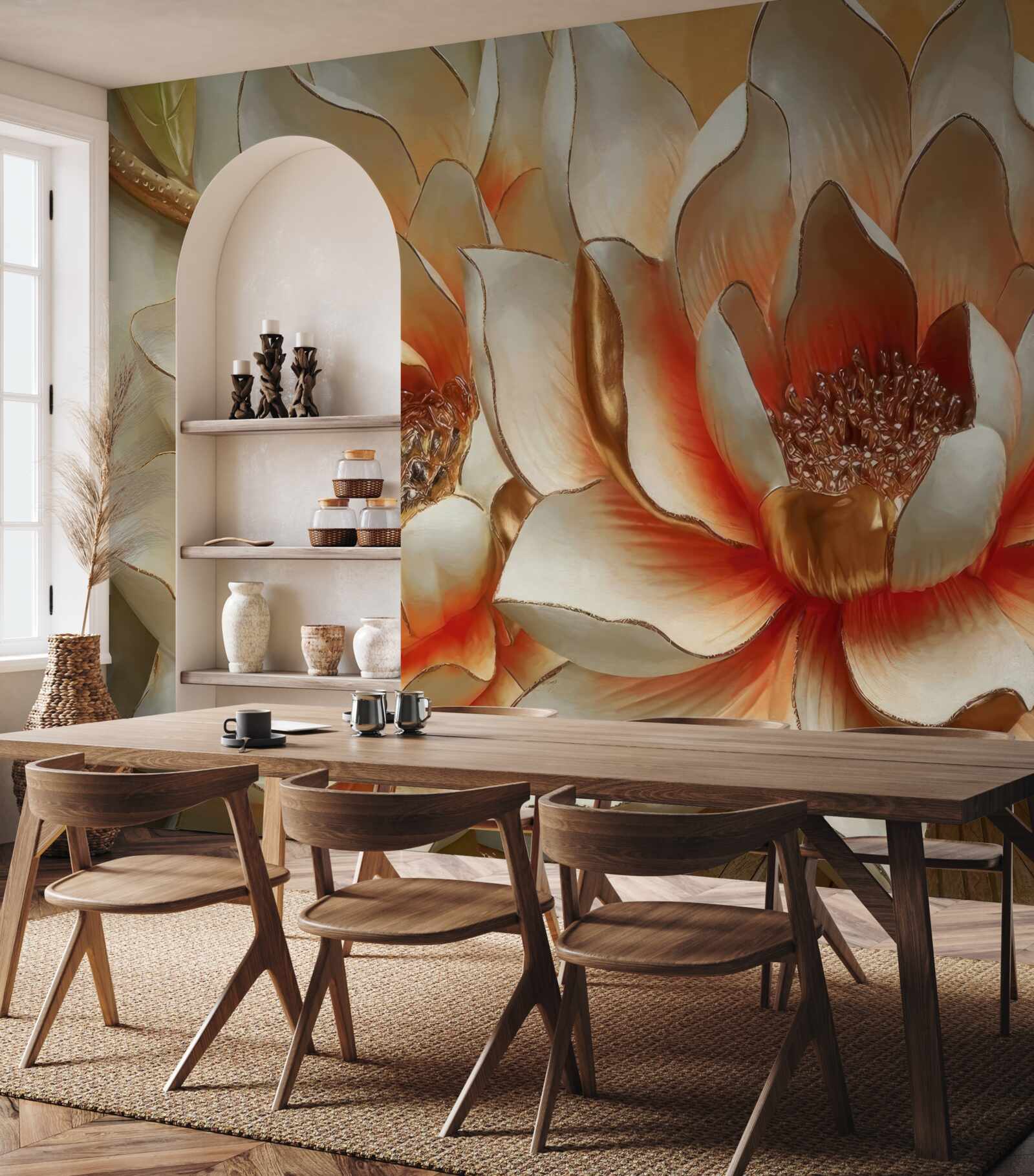 Fototapet flori mari crem