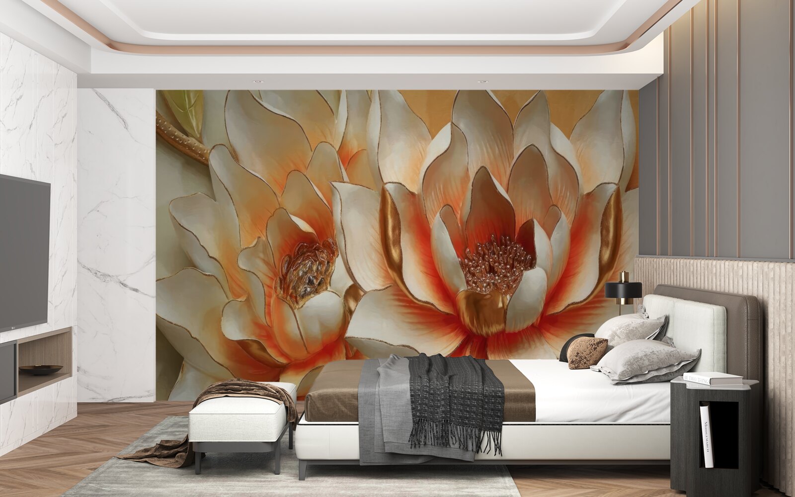 Fototapet flori mari crem