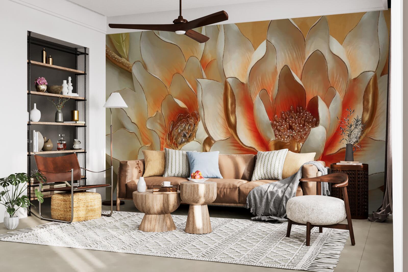 Fototapet flori mari crem