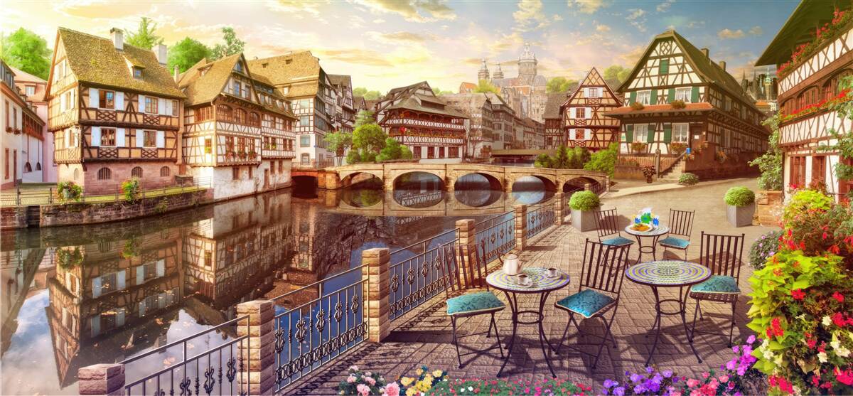 Fototapet mese pe malul apei în partea istorică a orașului