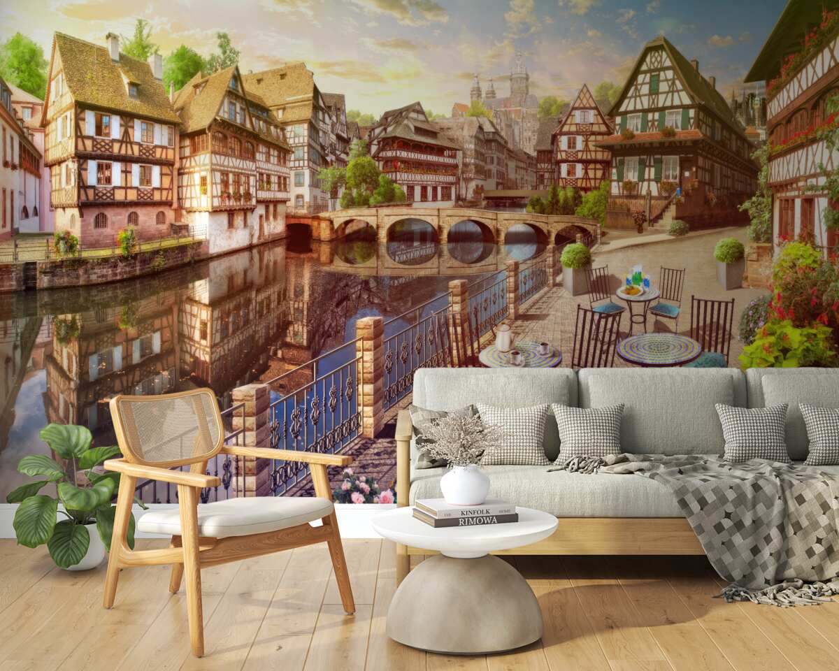 Fototapet mese pe malul apei în partea istorică a orașului