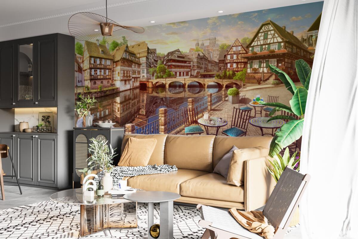 Fototapet mese pe malul apei în partea istorică a orașului