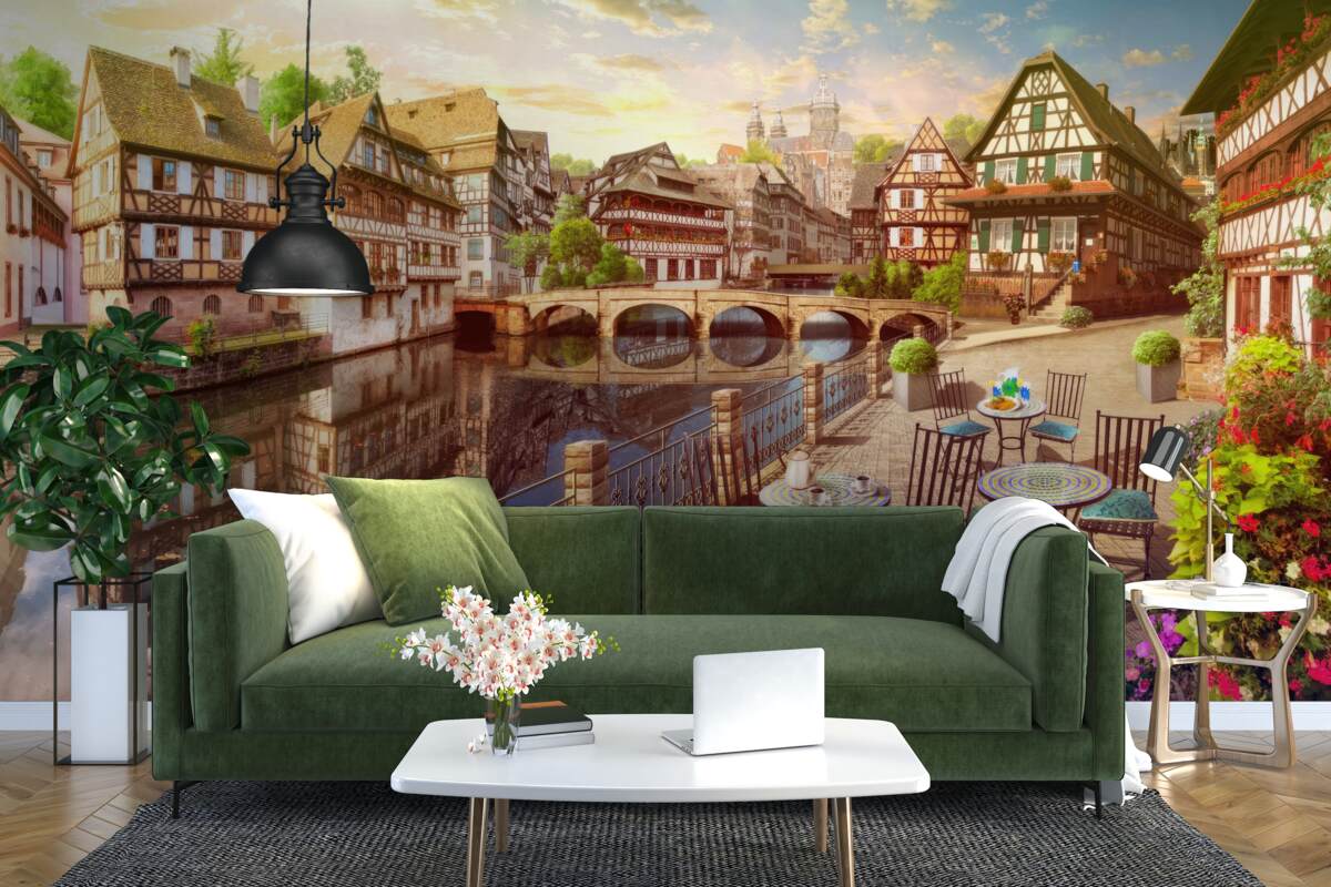 Fototapet mese pe malul apei în partea istorică a orașului