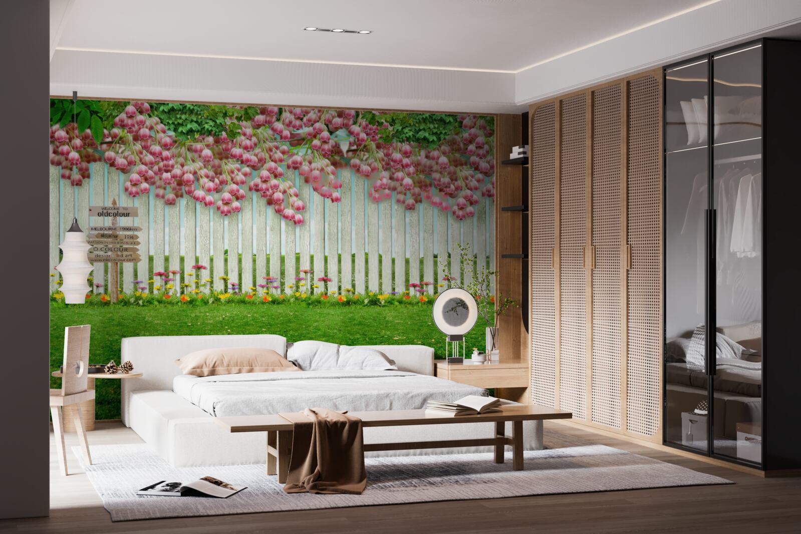 Fototapet flori roz în cascadă peste un gard alb