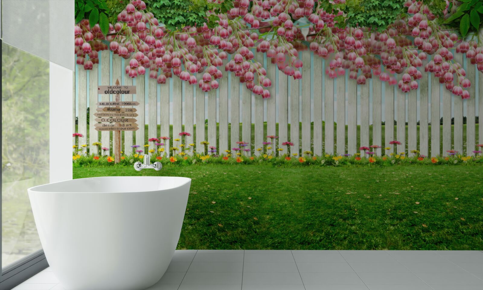 Fototapet flori roz în cascadă peste un gard alb