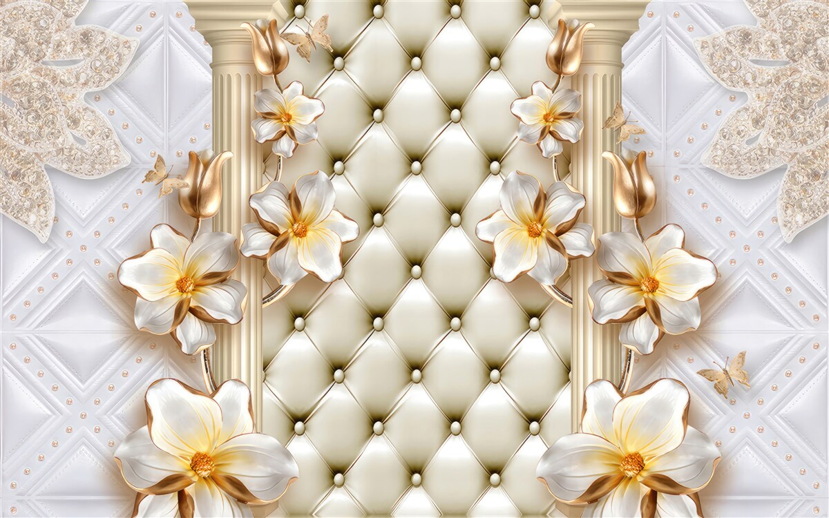 Fototapet perete decorat cu elemente matlasate în culori florale