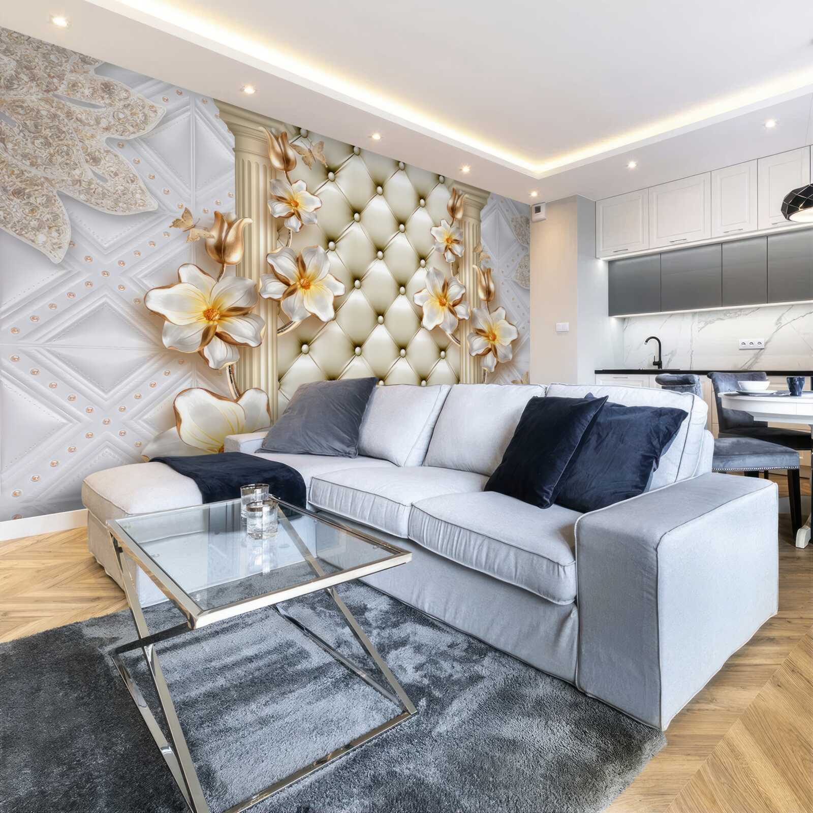 Fototapet perete decorat cu elemente matlasate în culori florale