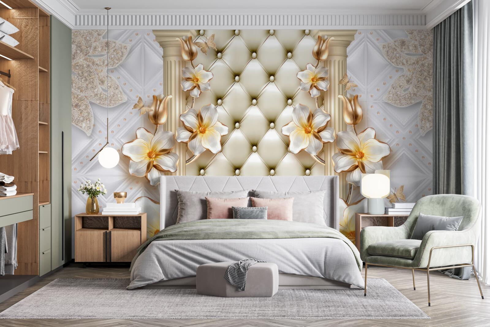 Fototapet perete decorat cu elemente matlasate în culori florale