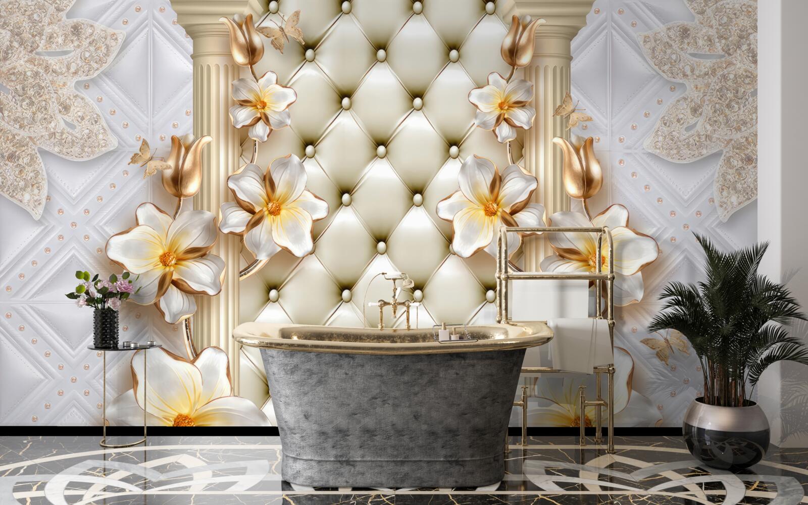 Fototapet perete decorat cu elemente matlasate în culori florale